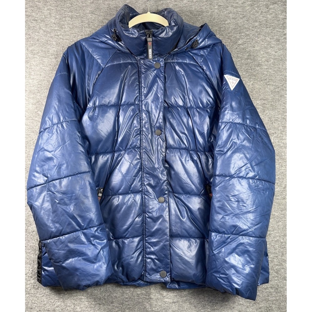 GUESS Dark Blue Navy Quilted Hooded Puffer Coat Women XL Zip Pockets